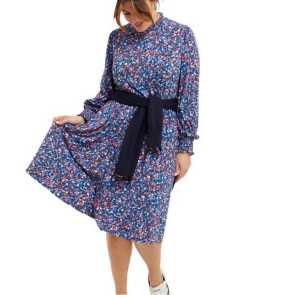 Draper James Blue Floral Belted Long-Sleeve Dress